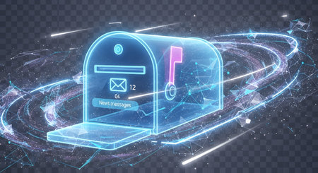A transparent, glowing blue digital mailbox with neon light trails and abstract data streams swirling around it.の素材