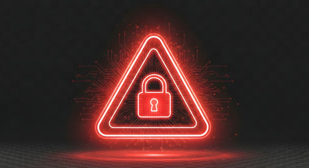 A bright red neon warning triangle encloses a glowing padlock icon, symbolizing security and danger against a dark background.の素材