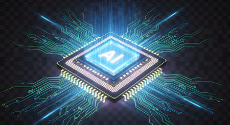 A glowing AI chip at the center of intricate circuits, emitting bright blue light and data streams, representing advanced artificial intelligence.の素材