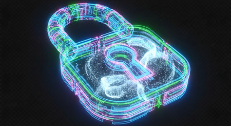 A futuristic, transparent padlock rendered in glowing neon light, suggesting digital security and data protection in a modern, abstract style.の素材