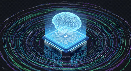 A glowing blue abstract brain hovers above a complex, illuminated circuit board with concentric glowing rings.の素材