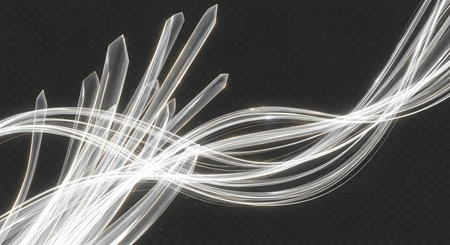 Bright, luminous white light streaks form abstract, flowing patterns and sharp spikes on a deep black backdrop.の素材