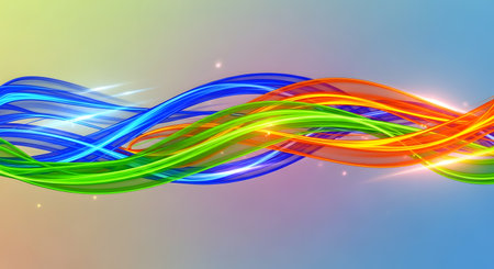 Abstract, flowing waves of light in rainbow colors, with subtle sparkles, against a soft gradient background.の素材
