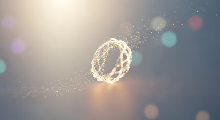 A luminous, circular portal emits a soft glow, surrounded by floating particles and out-of-focus bokeh lights.の素材