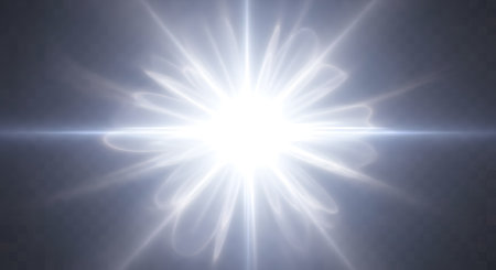 A bright, intense white starburst emanates from the center, casting sharp, luminous rays outwards against a dark, hazy background.の素材