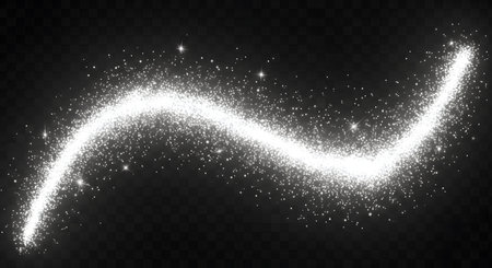 A bright white sparkler creates a sinuous, glowing trail across a dark, textured background, leaving a luminous abstract pattern.の素材