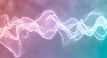 A vibrant, ethereal display of flowing, luminous waves in soft pink, purple, and teal hues, with shimmering particles.の素材