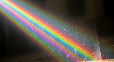 A diagonal beam of sunlight refracts into a rainbow spectrum as it passes through airborne dust particles.の素材