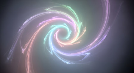A luminous, abstract fractal pattern resembling a swirling nebula with soft pastel colors and glowing light trails.の素材