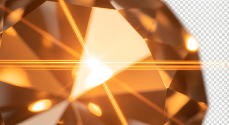 A macro shot of a faceted amber gemstone, showcasing its warm tones and brilliant light reflections.の素材