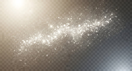A luminous trail of bright, shimmering particles and light flares against a transparent, checkered background.の素材