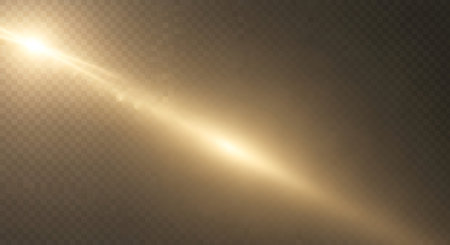 A bright, golden light ray with a lens flare effect streaks diagonally across a transparent grid background.の素材