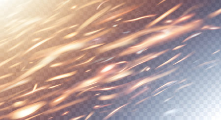 A dynamic abstract background with glowing orange and yellow streaks of light and small particles, suggesting movement and energy.の素材