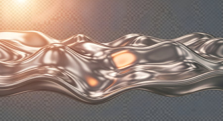 A dynamic, undulating metallic liquid surface with warm, glowing light reflections, creating an abstract and fluid visual.の素材