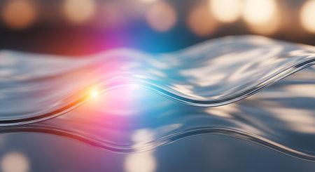 A close-up, abstract view of a liquid surface with colorful light refractions and ripples creating a dynamic, energetic visual.の素材