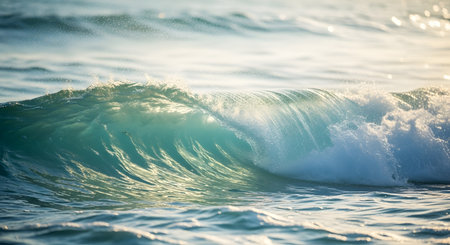 A close-up view of a translucent ocean wave cresting and breaking, illuminated by soft sunlight, revealing its turquoise and blue tones.の素材