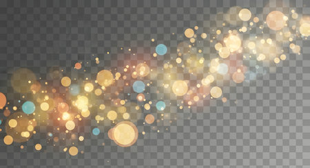 A dynamic cluster of soft, glowing bokeh lights in warm golden and subtle teal tones against a transparent background.の素材