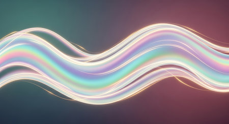 A dynamic, flowing wave of iridescent light with pastel colors curves across a dark, gradient background, creating a sense of movement and wonder.の素材