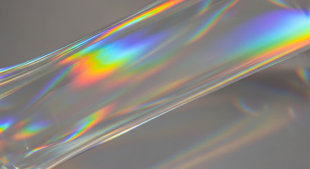 Colorful spectrum of light refracts across a translucent material, creating a vibrant, abstract pattern with a soft, dreamy quality.の素材