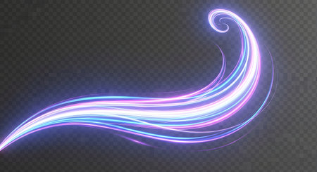 A dynamic, abstract swirl of luminous light trails in shades of blue, pink, and white against a dark background.の素材