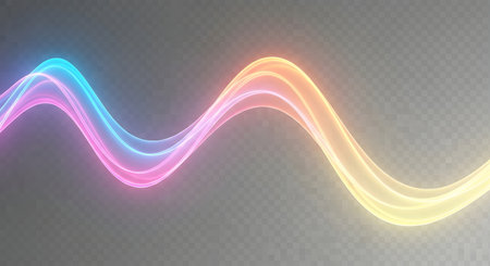 A dynamic, flowing wave of light transitions from cool blues and pinks to warm oranges and yellows against a transparent background.の素材