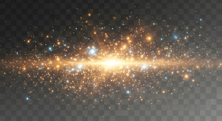 A luminous golden starburst emanates light, surrounded by a dense cloud of shimmering, colorful particles against a dark background.の素材