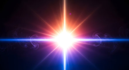 A vibrant, glowing starburst emanates from a central white light, casting blue and orange rays against a dark background.の素材