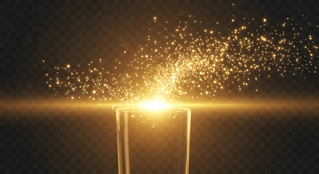 A brilliant burst of golden light and shimmering particles erupts from a luminous source against a dark, atmospheric background.の素材