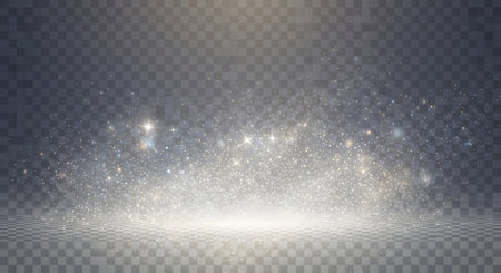 A bright spotlight shines from above, illuminating a smoky, atmospheric stage with scattered light particles and a hazy background.の素材