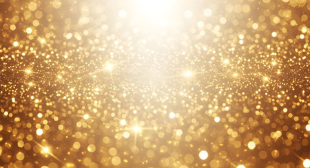 A luminous abstract background filled with shimmering golden bokeh lights and bright, radiant light flares creating a festive and magical atmosphere.の素材