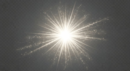 A radiant burst of light emanates from the center, casting sharp rays and surrounded by shimmering, glowing particles on a dark background.の素材