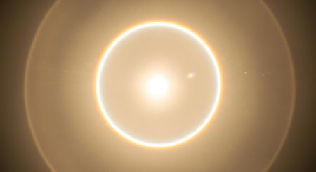 A brilliant, luminous orb of light emanates a warm glow, surrounded by a distinct lens flare effect.の素材