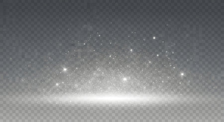 A cluster of bright white light particles and dust floats upwards from a glowing white base on a transparent background.の素材