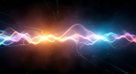 A luminous, wavy energy current pulses with vibrant colors, illuminating the dark expanse with a dynamic and powerful display.の素材