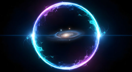 A vibrant, glowing portal frames a distant spiral galaxy, surrounded by cosmic dust and starlight against a dark background.の素材
