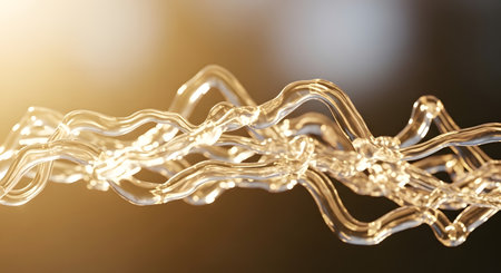 A close-up, abstract view of a golden, liquid-like form with undulating waves and a soft, warm light.の素材