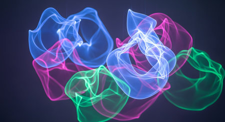 Multiple abstract, glowing shapes of neon light swirl and intertwine, creating a vibrant, energetic, and ethereal visual display.の素材