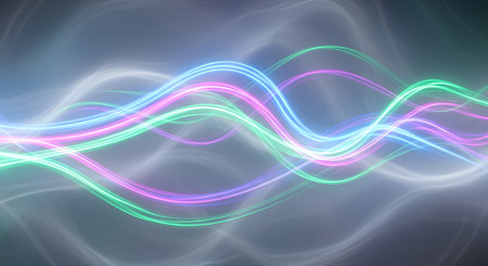 Abstract visualization of glowing, colorful light waves creating a dynamic, flowing pattern against a soft, blurred background.の素材