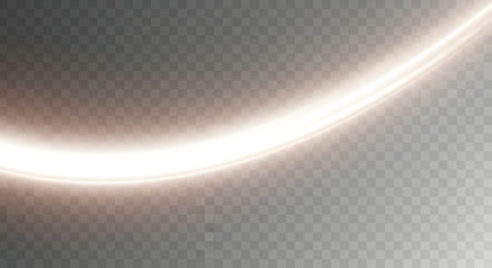 A luminous, curved light streak with a soft glow emanates across a transparent checkered background, suggesting motion or energy.の素材