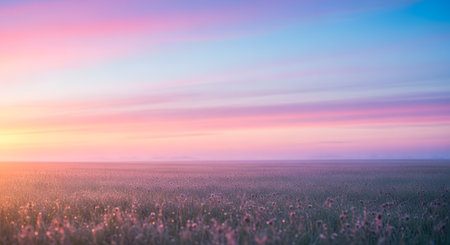 A breathtaking sky painted with hues of pink, purple, and blue stretches over a field of delicate wildflowers at dusk.の素材