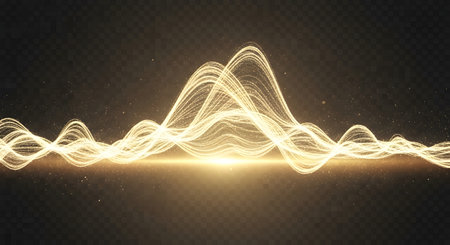 A glowing golden waveform with intricate lines and shimmering particles, representing sound or energy on a dark background.の素材