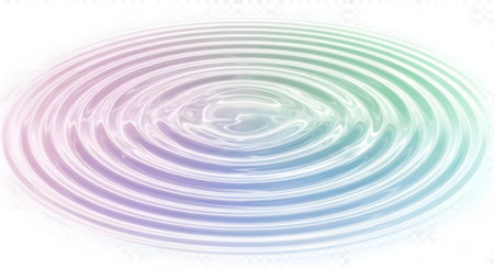A top-down view of concentric water ripples, transitioning from pink to green hues, creating a serene and abstract visual.の素材