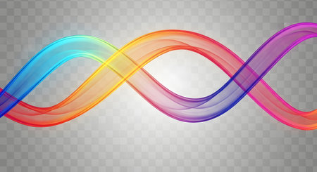 A colorful, flowing wave pattern in rainbow hues against a transparent checkered background, creating a sense of movement and light.の素材