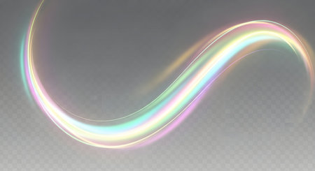 A flowing, wavy streak of rainbow-colored light curves across a transparent, checkered background.の素材