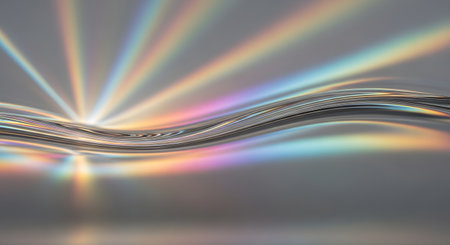 A dynamic abstract image showcasing vibrant rainbow light refractions and spectrums across a textured, reflective surface.の素材