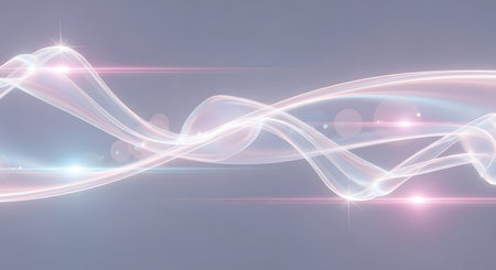 Abstract, flowing ribbons of light with soft pink and blue lens flares against a muted gray background.の素材