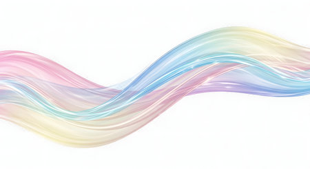 A gentle, flowing wave of pastel watercolor strokes in pink, blue, green, and yellow on a white background.の素材