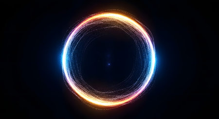 An ethereal oval-shaped portal glows with vibrant blue and orange light, surrounded by a shimmering cloud of cosmic dust and particles.の素材