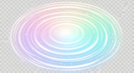 Concentric rings of pastel rainbow light emanate from the center, creating a soft, ethereal glow on a transparent background.の素材