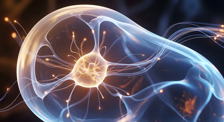 A luminous, organic form resembling a neuron with intricate glowing tendrils and electrical sparks, suggesting a complex biological or digital network.の素材